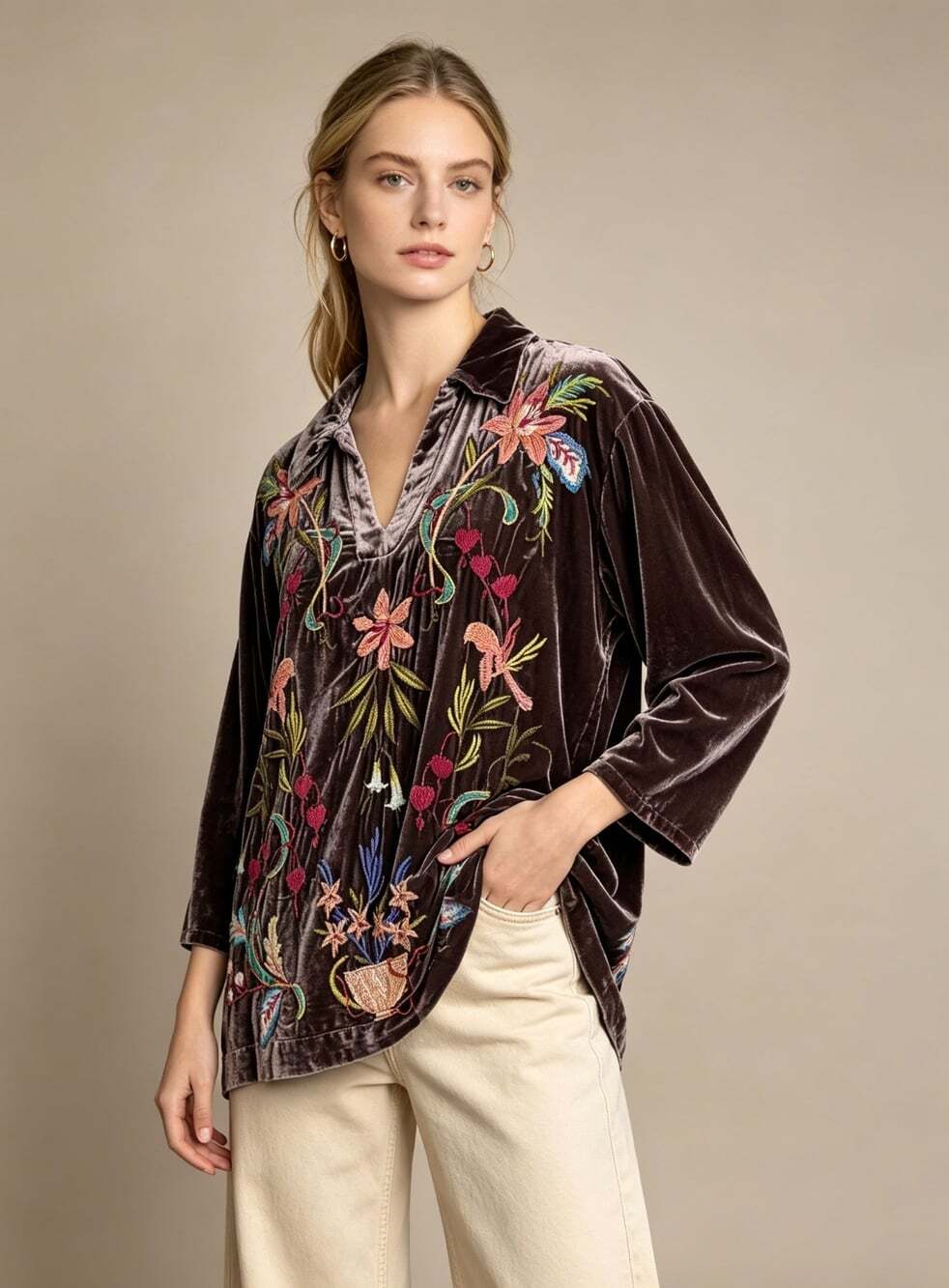 NWOT Johnny Was Silk Blend Velvet Floral Embroidered Tunic Blouse Size S